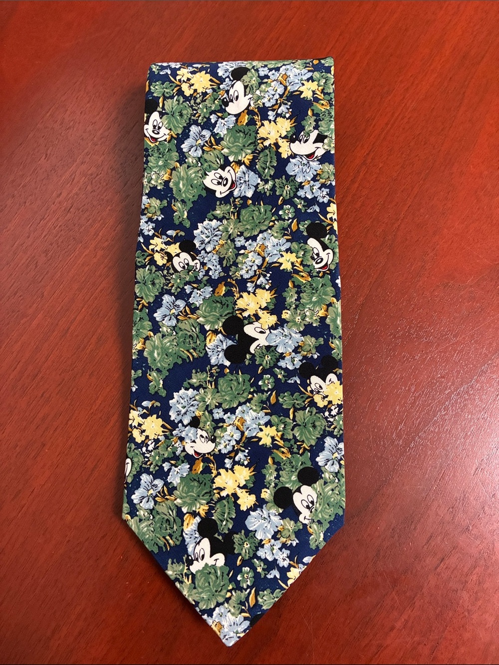 Disney Navy Floral Mickey Print Tie with Yellow & Green Accents